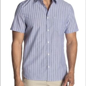 Calvin Klein Men's Light Blue Striped Button Down Short Sleeve Shirt